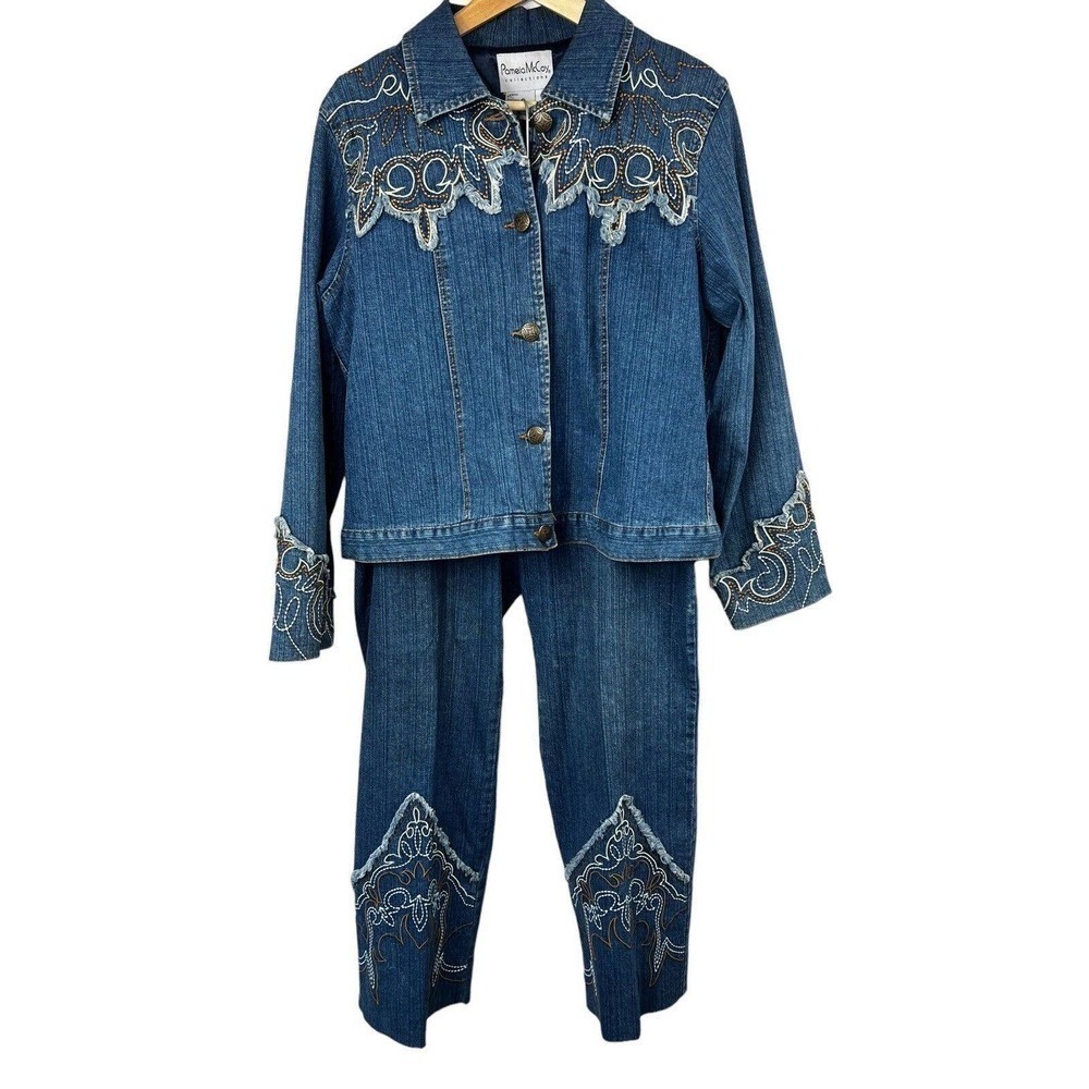 Pamela McCoy Vintage Denim Jean Jacket and Jeans Sz L Embroidered